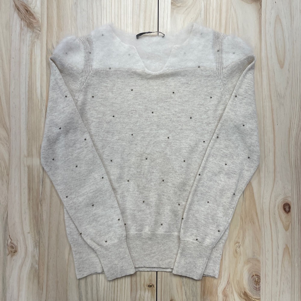 Sita Murt Cream and White Bedazzled Angora Blend Sweater - Sz 38 (XS-S)